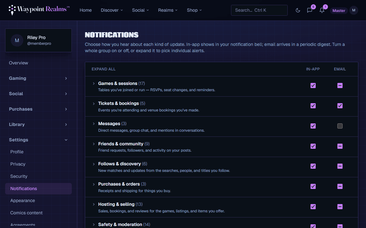 The notification preferences screen with per-category controls for what Waypoint Realms sends and how it reaches you.