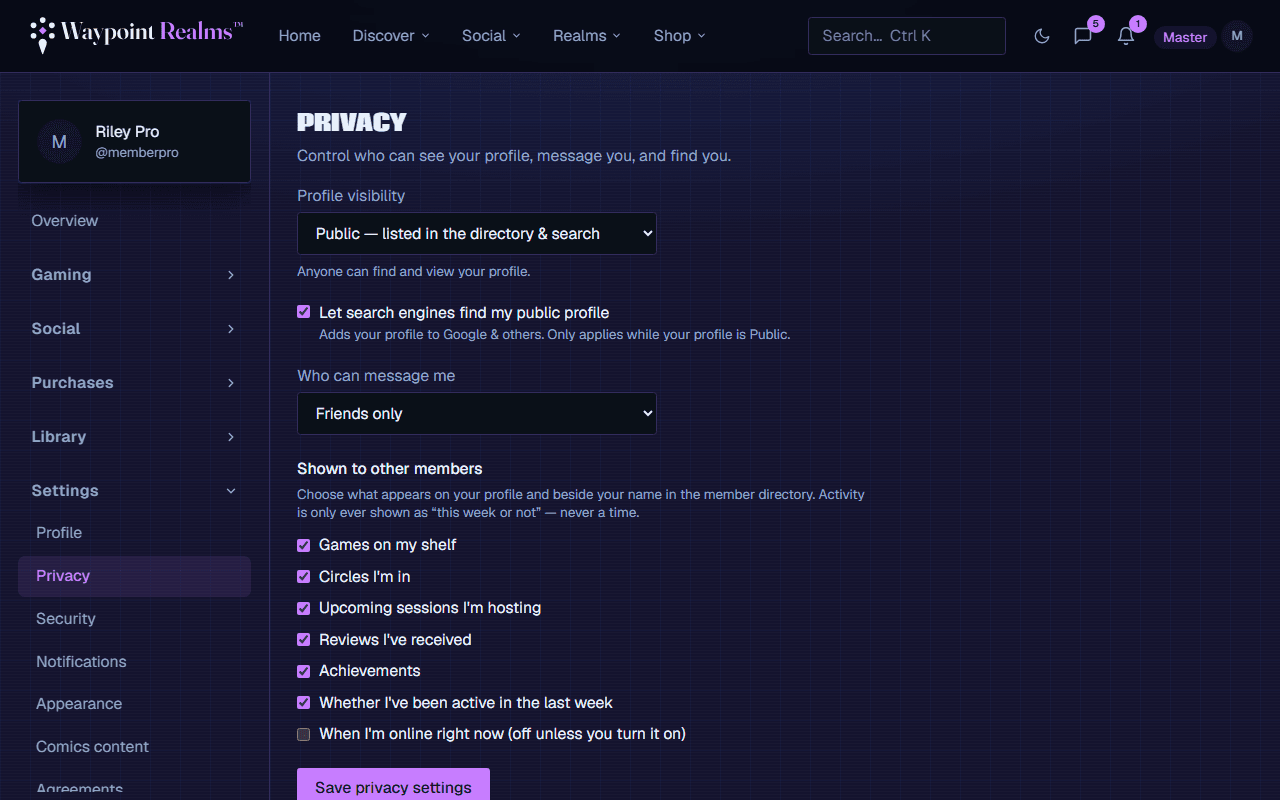 The privacy settings page with discoverability and visibility toggles.