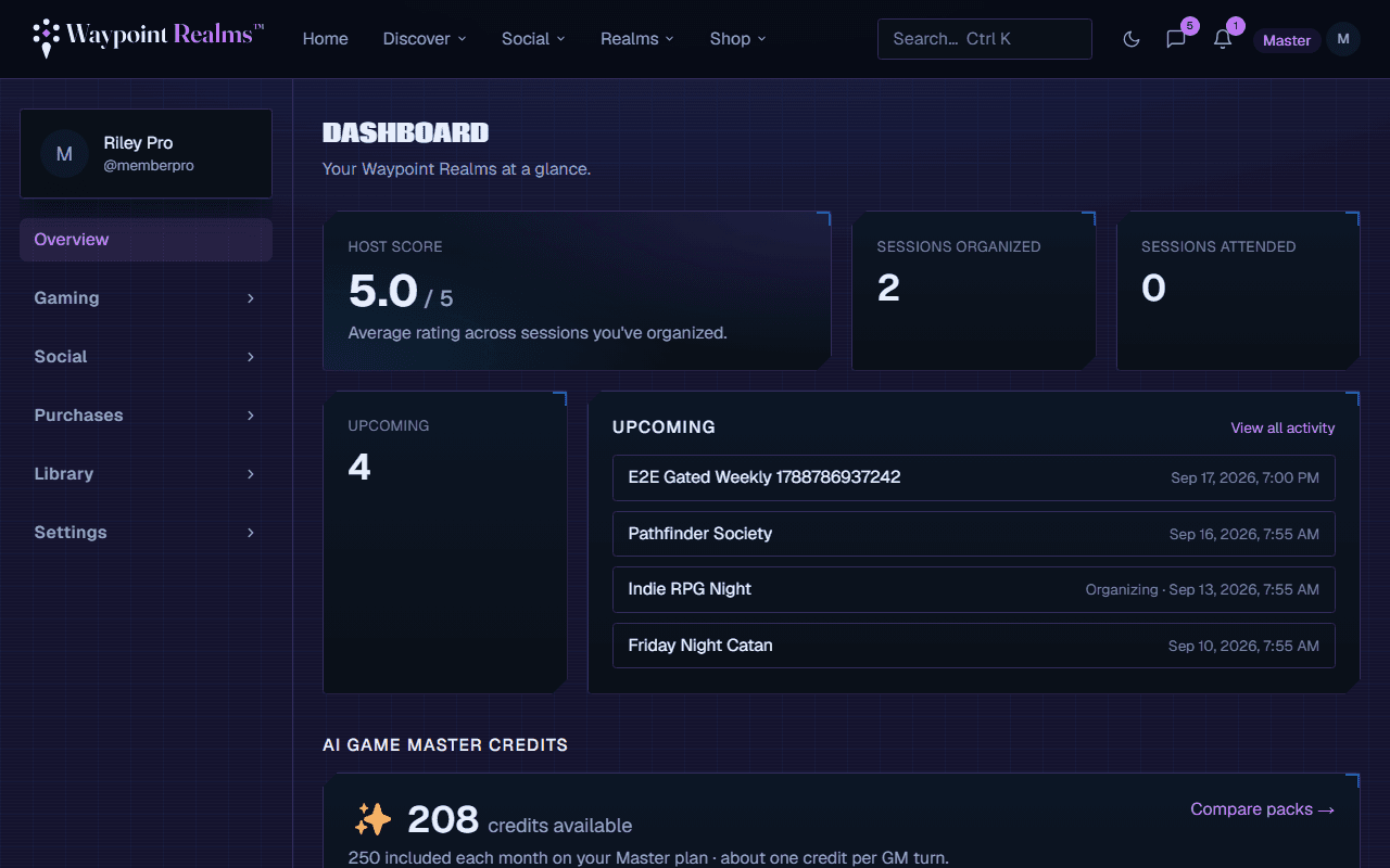 The member dashboard showing host score, sessions organized and attended, upcoming sessions, and the AI Game Master credit balance.
