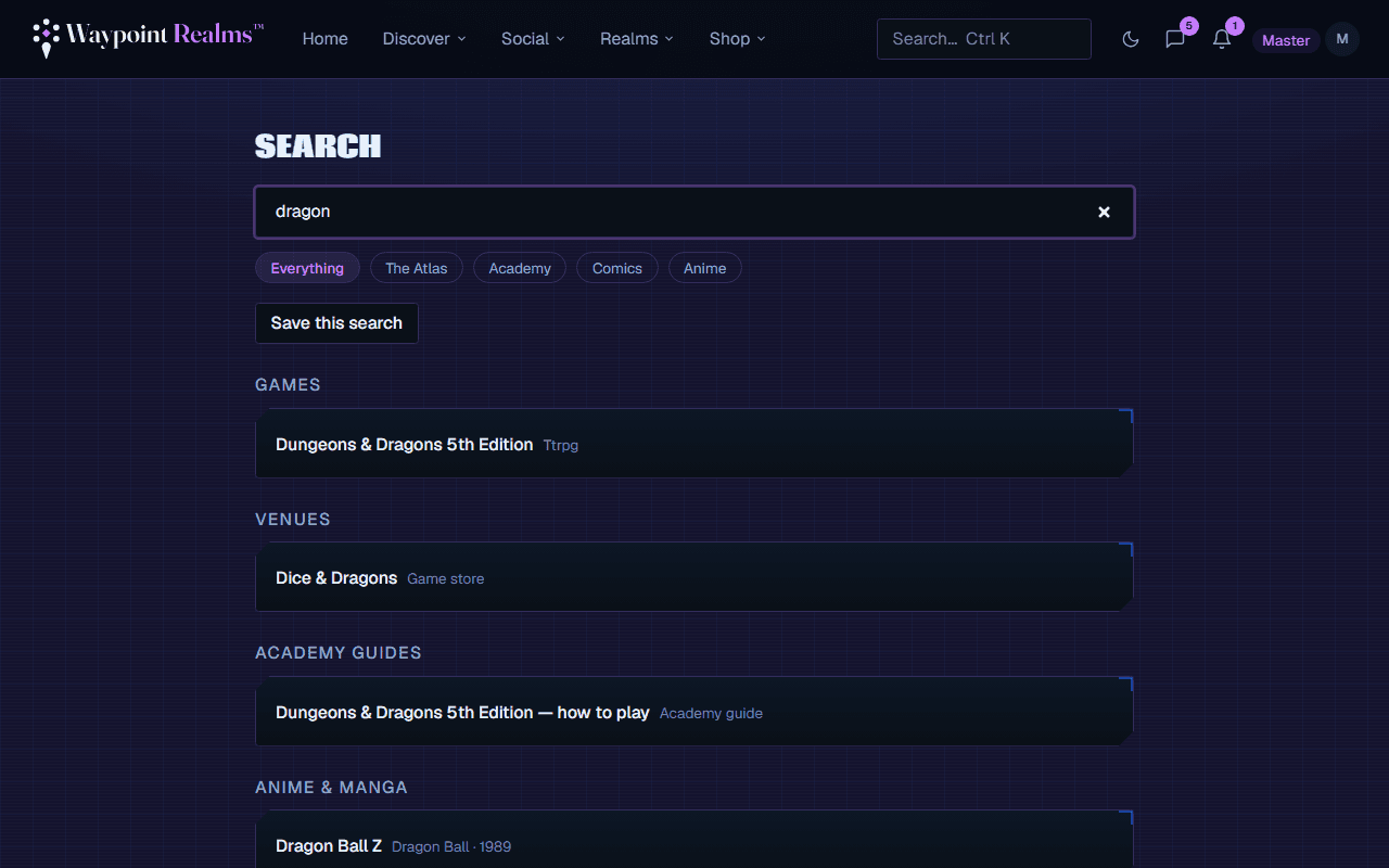 A search for dragon, returning results grouped into Sessions, Games, Venues and Academy guides, with filter chips and a Save this search button.