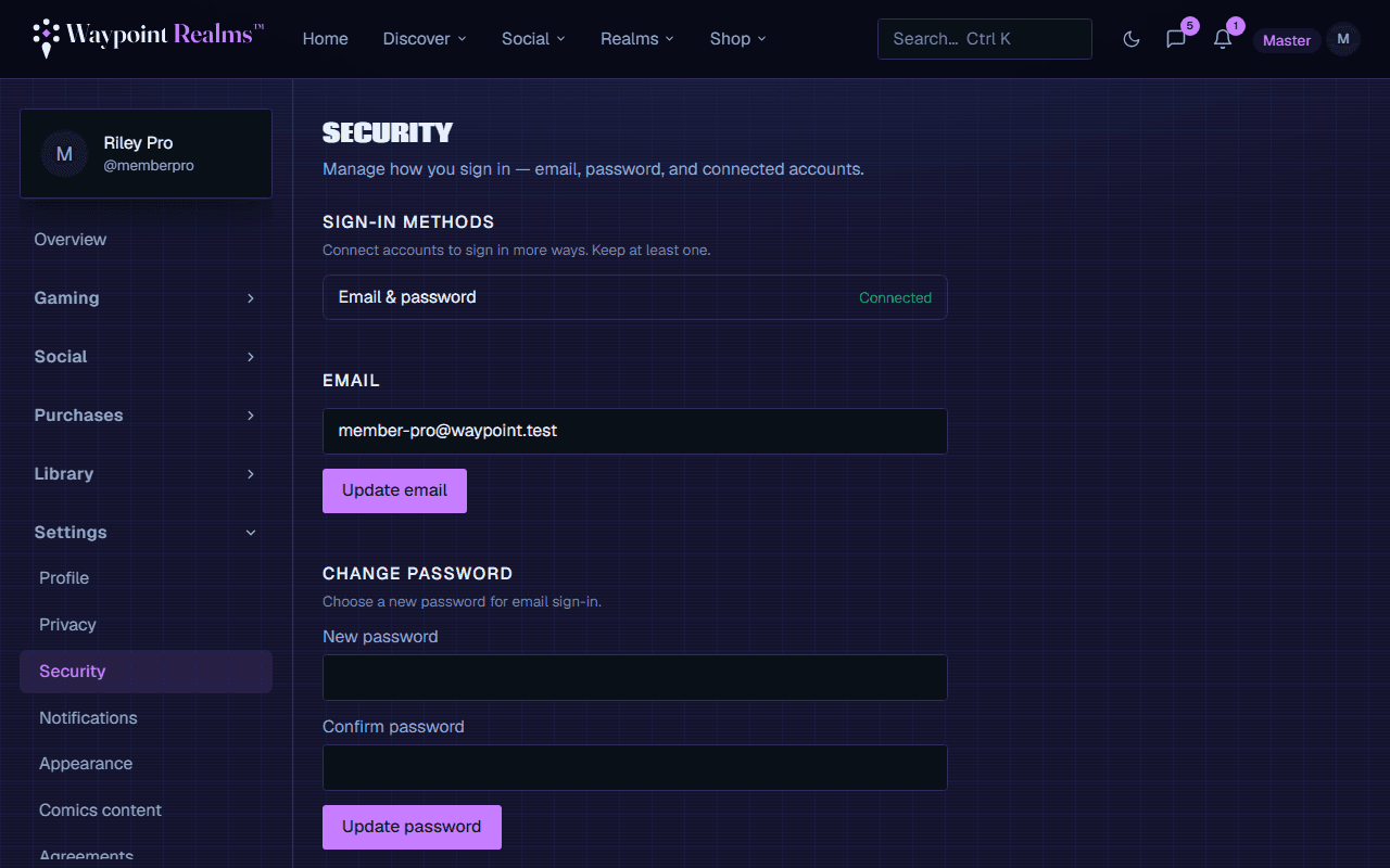 The security settings screen, where passkeys and an authenticator app are added to an account.