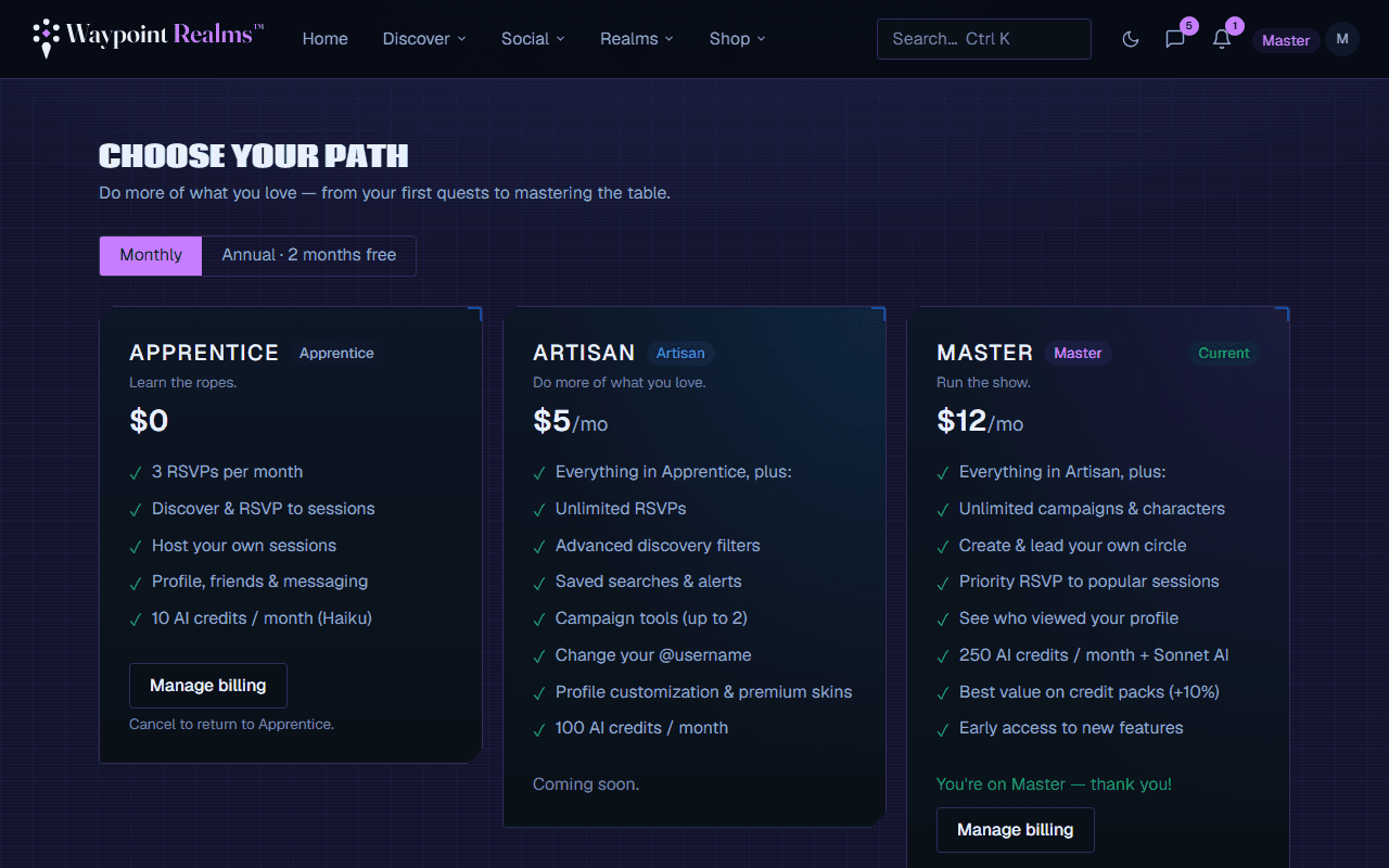 The membership page comparing the Apprentice, Artisan and Master plans side by side with their prices and what each includes.