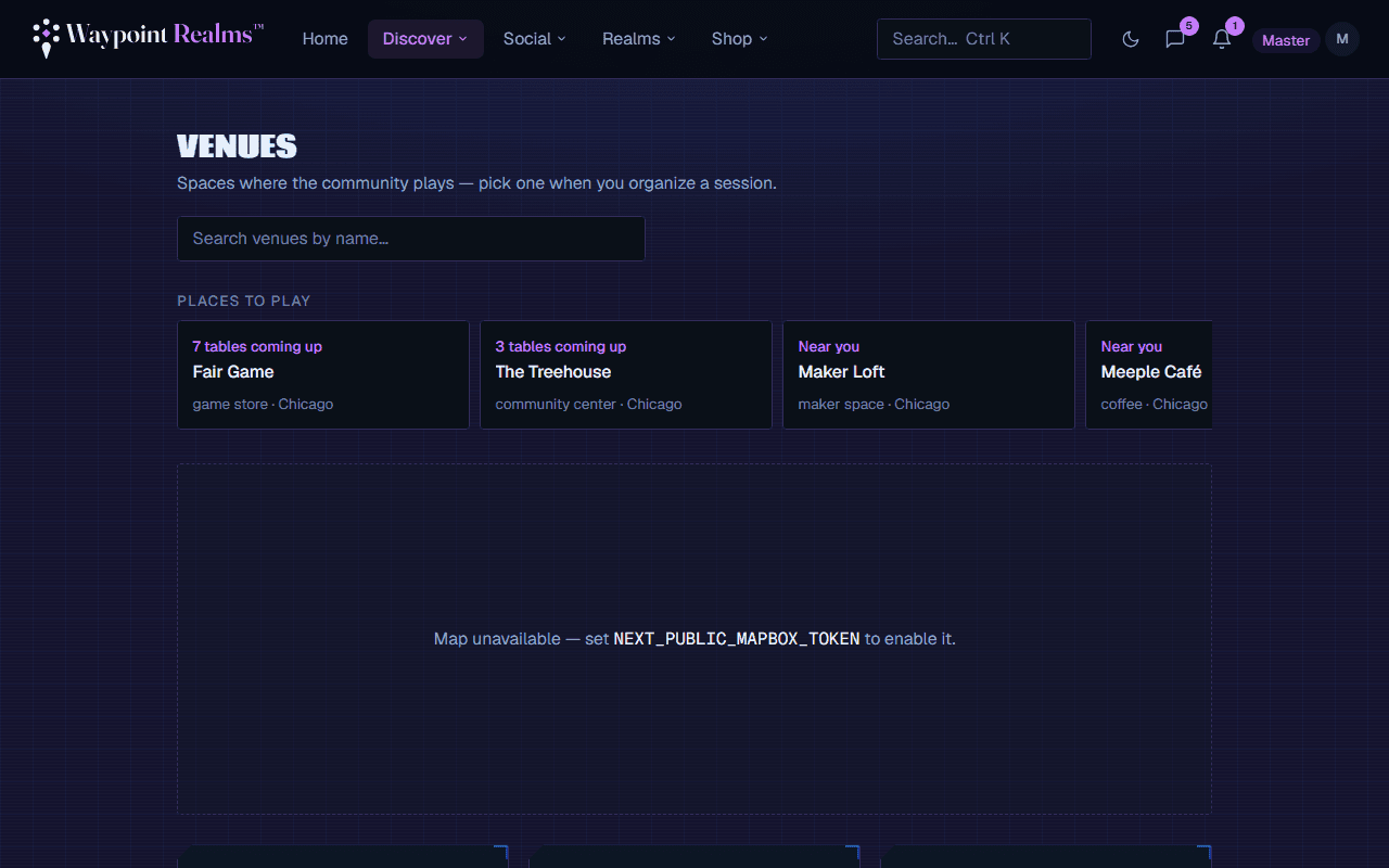 The venues page with a map of Chicago pinned with venues, above cards for a game store, another game store and a maker space, showing whether each is free to book or charges per hour.